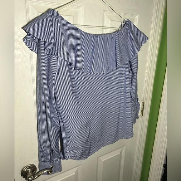 Lauren Ralph Lauren LRL Ruffle Collar Blue Striped Off-Shoulder Top Size 10. - Picture 2 of 12
